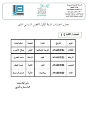 جدول اختبارات الفترة الأولى الفصل الدراسي الثاني